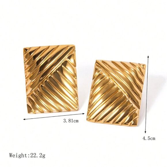 Yellow Gold Women's 18K Gold Plated Stainless Steel Striped Earring - Picture 9 of 10